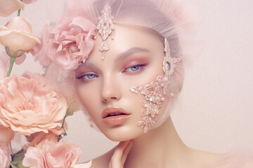 Enchanted Beauty. Glamorous Floral Portrait. AI Generated