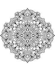Ornamental mandala adult coloring book page. Arabic, Indian style ornament, round shape mandala drawing isolated on white background