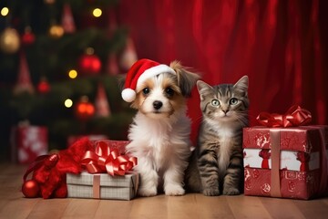 Cute cat and dog puppy with christmas gift boxes on wooden floor, Christmas concept, ai generative - Powered by Adobe