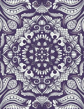 Mandala colored art painting, psychodelic background, indian ornament, yoga backdrop, violet and white ornament