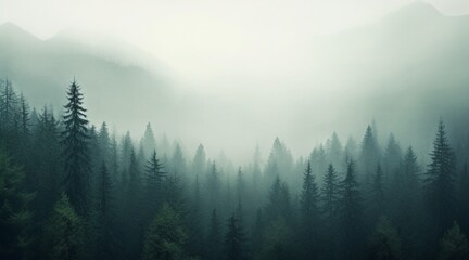 Misty pine forest background - obrazy, fototapety, plakaty