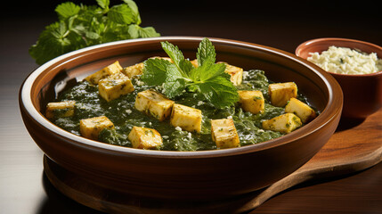 Indian food palak paneer curry in bowl, close-up palak paneer, tasty food