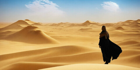 Man draped in Linen looks out upon desert sand dunes and horizon. 