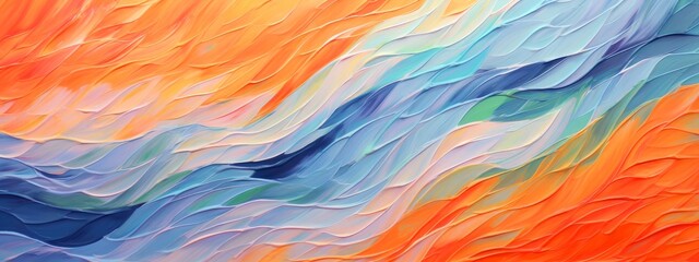 Closeup of abstract rough orange blue organic waves art painting texture, with oil acrylic brushstroke, pallet knife paint on canvas wallpaper - obrazy, fototapety, plakaty