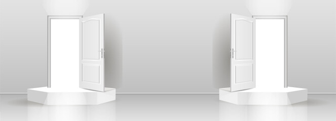The interior of an empty room with a white wall, an open door and a white podium.
Free up space for copying the 3d image.
