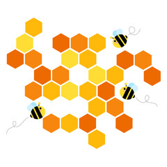 Hexagonal golden honey hive with cute bee honeycomb geometric flat illustration