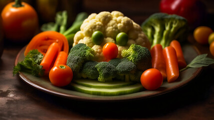 A plate of vegetables arranged to look like a funny face. AI Generated