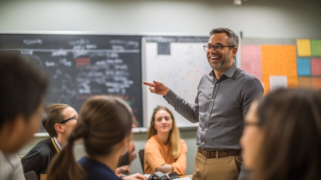 A portrait of a teacher in a classroom