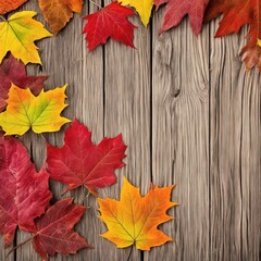 Naklejka na ściany i meble autumn leaves over wooden backgroundautumn leaves over wooden backgroundautumn background with red and yellow leaves