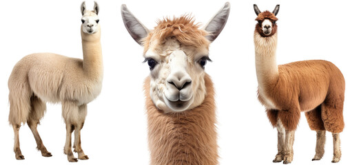 Fototapeta premium Llama collection (portrait, standing), animal bundle isolated on a white background as transparent PNG