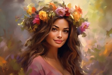 Naklejka na ściany i meble Fictional Character Created By Generated AI.The Enchanting Beauty of a Woman with a Flower Crown