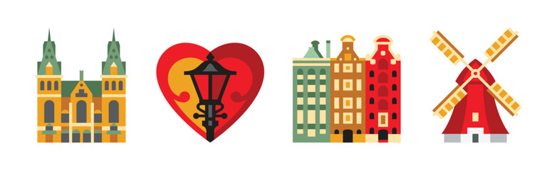 Dutch Culture Icons and Signs of Holland Vector Set