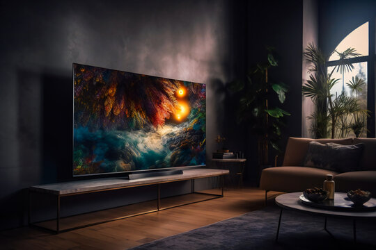 Big Screen TV Takes Center Stage in Modern Living Room. Generative AI