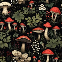 Pilz Muster, Herbst Muster, nahtlos, Nahtlosmuster, Hintergrund, Blätter, Laub, Pilze, Wald, zauberhaft