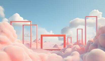 3D Mockup Pastel clouds background with empty blank photo frames, for product presentation. copy text space. - obrazy, fototapety, plakaty