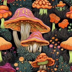 Pilz Muster, Herbst Muster, nahtlos, Nahtlosmuster, Hintergrund, Blätter, Laub, Pilze, Wald, zauberhaft