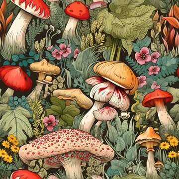 Pilz Muster, Herbst Muster, nahtlos, Nahtlosmuster, Hintergrund, Bl&auml;tter, Laub, Pilze, Wald, zauberhaft