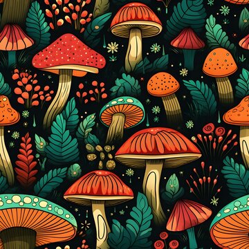 Pilz Muster, Herbst Muster, nahtlos, Nahtlosmuster, Hintergrund, Bl&auml;tter, Laub, Pilze, Wald, zauberhaft