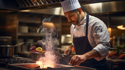 Gourmet Culinary Crafts. Chef in Upscale Restaurant Kitchen