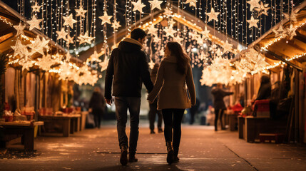 Couple Embracing at Christmas Market.  Christmas Market Magic. Young Love Under the Twinkling Lights