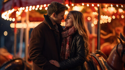 Couple Embracing at Christmas Market.  Christmas Market Magic. Young Love Under the Twinkling Lights