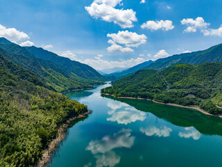 Fototapeta na wymiar Aerial photography of large reservoirs in the mountains