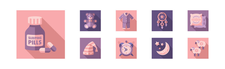 Sleep Time Flat Icons and Object in Square Shape Vector Set