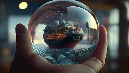 glass globe in hand, pirate ship in globe