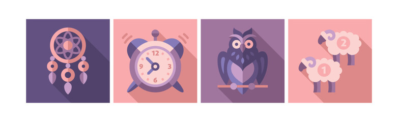 Sleep Time Flat Icons and Object in Square Shape Vector Set