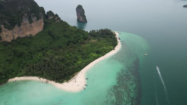 4K Aerial Footage of Koh Poda (Poda Island) in Ao Nang, Krabi, Thailand - Featuring Longtail Boats, White Sand Beaches and Crystal Clear Waters