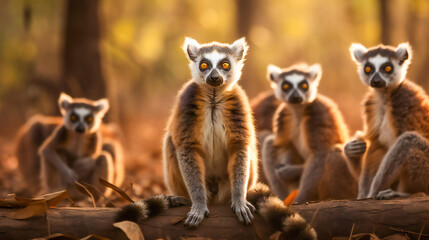 Fototapeta premium Curious Lemur Family Investigating Their Surroundings. Generative AI