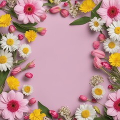 pink, yellow and pink flowers with frame on a pink background. flat lay, top view.pink, yellow and pink flowers with frame on a pink background. flat lay, top view.frame with beautiful pink flowers on
