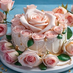 delicious wedding cake decorated with fresh roses and white roses on the table.delicious wedding cake decorated with fresh roses and white roses on the table.beautiful wedding cake with roses, closeup