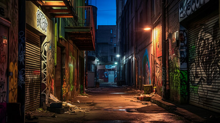 Fototapeta premium Dark Gritty Alleyway. AI Generated