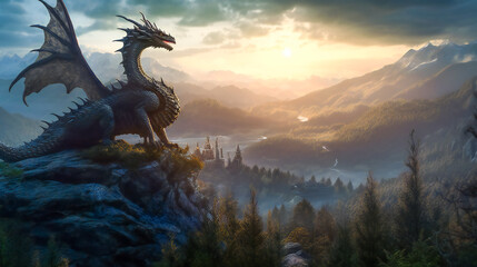 Naklejka premium Dragon on the peak of a mountain. Generative AI