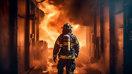 Fototapeta premium Brave Firefighter in Smoke. Dramatic Firefighting Scene