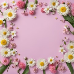 Obraz na płótnie Canvas frame with beautiful flowers on a pink background. flat lay, top viewframe with beautiful flowers on a pink background. flat lay, top viewframe with flowers and pink daisies on pink background, flat l