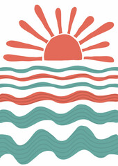 abstract summer landscape, sea, sun, waves. Paradise vacation in nature, the ocean in a minimalist retro style. hand drawn poster, banner, background. for printing, wall art. art illustration.
