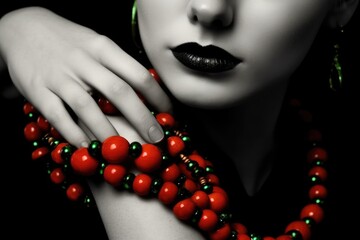 Fictional Character Created By Generated AI.Elegant woman adorned with red and green jewelry