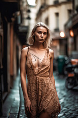 Fototapeta premium Fashionable Woman In Dress On A City Street. Attractive young girl walking in dress outdoors. AI Generated