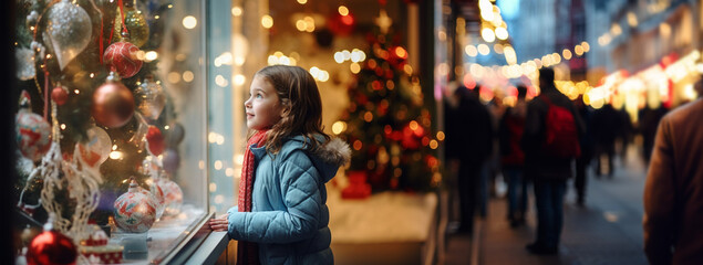 Fototapeta na wymiar Child girl smiling looking at shop window Christmas light in shopping center