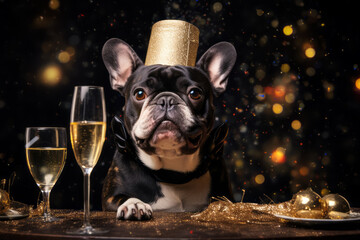 Festive clothing bulldog sitting with glass of champagne. Celebrating concept