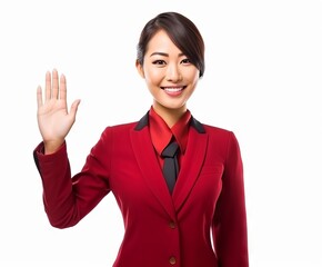 Asian woman wearing red uniform smiling while waving