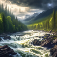 Mountain landscape with river and forest. Dramatic sky.