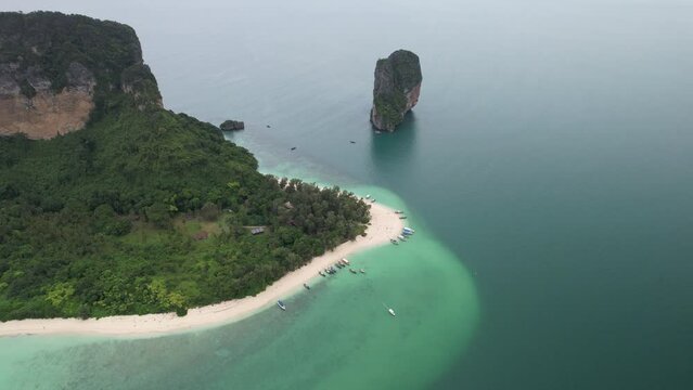 4K Aerial Footage of Koh Poda (Poda Island) in Ao Nang, Krabi, Thailand - Featuring Longtail Boats, White Sand Beaches and Crystal Clear Waters