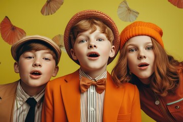Fictional Character Created By Generated AI.Three Children Posing for a Photo in Fashionable Outfits