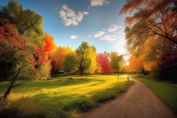 autumn landscape with trees and green leavesautumn park with colorful treesautumn landscape with trees and green leaves