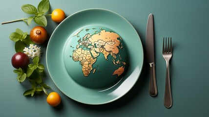 World food day concept: globe on a plate with a fork and knife on a white backdrop..