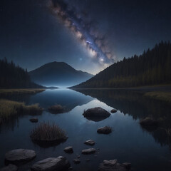 Fototapeta premium Milky way over the lake in the mountains. Night landscape.
