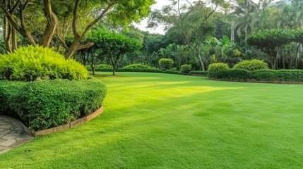 Green carpet grass smooth lawn in garden with row of bush and trees on the background. AI Generated